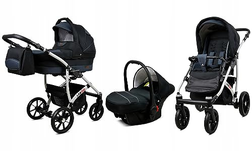 BabyLux® Kinderwagen Set 3 in 1 - Largo - incl. Babywanne, Buggy Sportsitz, Auto-Babyschale - Autositz - Kinderwagenset - Kombikinderwagen mit Wickeltasche, Regenschutz usw.