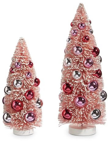 Raz Imports Bottle Brush Trees with Ornaments, 12-inch Height, Pink, Sisal, Plastic and Wood, Set of 2, Christmas, Home Décor