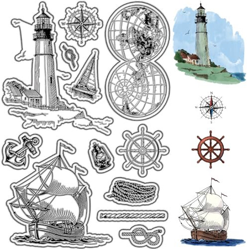 craspire Klare Stempel „Segelboot“, Leuchtturm, Kompass, Globus, Wiederverwendbar, Hintergrund, Poststempel, Transparente Silikon-Stempelsiegel Für Journaling, Kartenherstellung, Dekor, DIY
