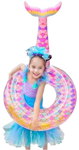 Meerjungfrauen Schwimmring Kinder Aufblasbare Schwimmreifen mit Glitter Aufblasbare Schwimmtiere für Kinder 3-15 Jahre Meerjungfrauen Pool luftmatratze Party Deko