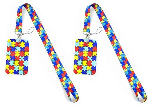 2 Sets Autismus Bewusstsein Einziehbarer Ausweishalter, Verstellbarer Schlüsselband-Ausweishalter, Bunte Puzzle Ausweishalter mit Abreißbarem Schlüsselband, für Ausweis, Büro, Schule