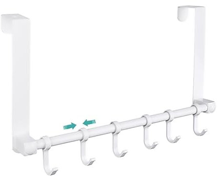 MIAOLLUN Over The Door Hooks Hanger, Moving 6-Hooks, Heavy Duty Over The Door Hanger, Over Door Towel Rack,Door Coat Hanger, Upgraded Long Arms for Bathroom Accessories,White