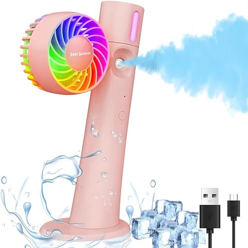 Gofemial 3 IN 1 Portable Hand Held Misting Fan - Clip On, Rechargeable, USB, RGB Light, 34ml Water, 90-Degree Folding Fan - Travel, Outdoors, Desk
