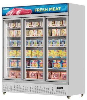 Malphi Commercial Refrigerator with Lighting Box 400Litre Upright Freezer -22℃ to -18℃ Self-Closing Door Display Fridge H1980xD750xW750mm Adjustable Shelves for Ice Cream Meat (White, Three Doors)