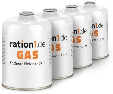 4X Gaskartusche á 450 g, Gaskartuschen Set von ration1, EN 417 Schraubkartusche, Ventilkartusche, Butan-Propan-Kartusche mit Gewinde für Campingkocher