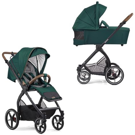 Gesslein Kinderwagen FX4 Swing mit Babywanne Panorama Lyx (Kinderwagen 3 in 1, Liege- & Sitzoption, Sportwagenaufsatz, individuell einstellbar, hoher Komfort, geringes Packmaß, Handbremse), Grün
