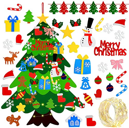 Felt Christmas Tree, Yotako DIY Toddlers Felt Xmas Tree with 30 LED Lights, 3.28ft Velcro Christmas for Kids with 32 PCS Detachable Ornaments Fuzzy Banner for Kids Wall Door Home Decoration