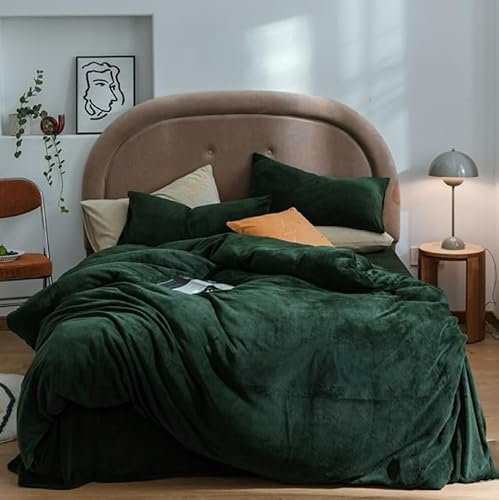 Covebett Winter Warme Bettwäsche 4teilig 135x200 Grün Dunkelgrün Flanell Cashmere Touch Plüsch Winterbettwäsche, 2 Flauschig Coral Fleece Bettbezug mit Reißverschluss und 2 Kissenbezug 80x80