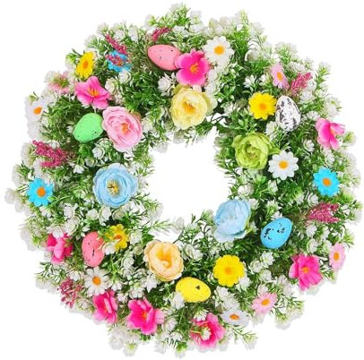 Osterkranz mit Bunten Eiern Und Künstlichen Blättern für Die Tür, 45 cm