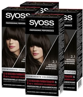 SYOSS Permanente Coloration 2_1 Natürliches Schwarzbraun (4x 115 ml), permanente Coloration für bis zu 10 Wochen Farbintensität und 80% weniger Haarbruch