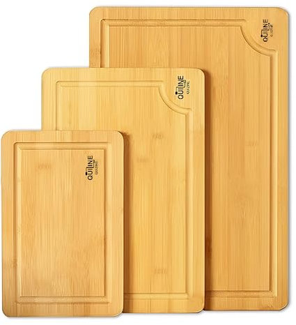 QUIZINE Juego de 3 Tablas de Picar de Bambú Premium - Resistentes, Antideslizantes y Ecológicas, Ideales para Cortar Carnes, Verduras y Frutas, Diseño Elegante para Usar También como Bandeja de Servir
