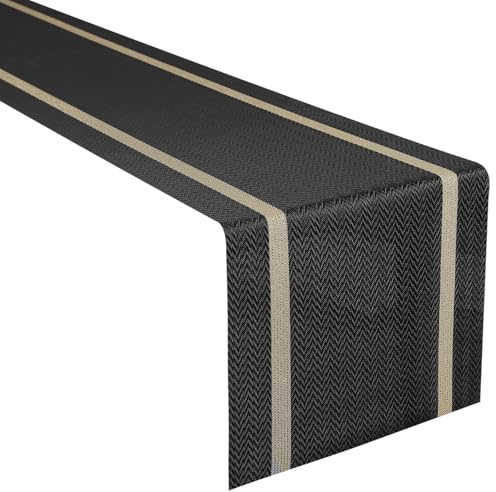 FAVE gewebter Vinyl Tischläufer mit Goldfaden-Detail, Schwarz, 30 x 230 cm | Hitzebeständig, leicht reinigen, elegante Tischdekoration, abwischbar & wasserdicht für Bankette, Feiern, Restaurants