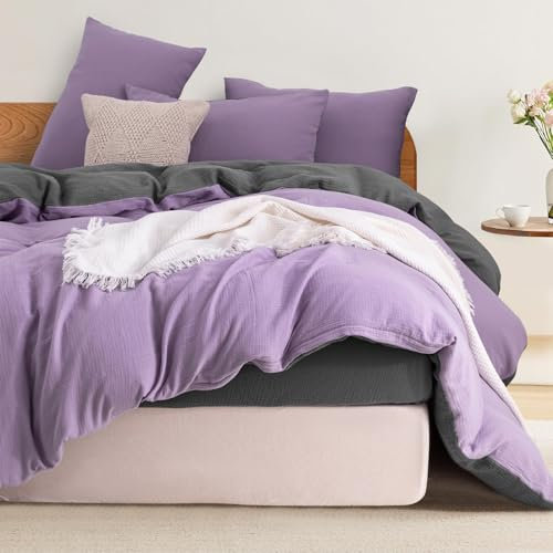 Boqingzhu Doppelte Bettwäsche 135x200cm Muslin Lila Weich Kuschelig Sommer Wendebettwäsche Set Violett Bettbezug 135x200cm und Kissenbezug 80x80cm mit Reißverschluss