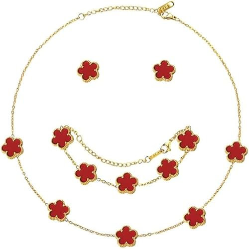 XIWCAFC Four-Leaf Clover Jewellery Set for Women 18K Rose Gold Pendant Necklace Stud Earrings Bracelet Set Lucky Double-sided Clover Jewellery Sets Gifts for Her BFF Birthday (Red)