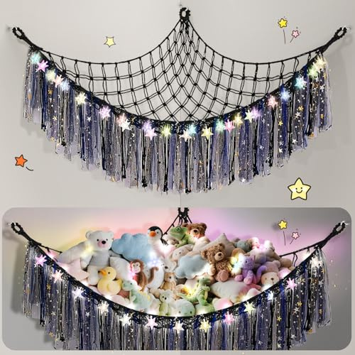 Lunriwis Kuscheltier Aufbewahrung Netz mit LED-Leuchten, Boho Makramee Spielzeug kinderzimmer deko, StofftieStofftier Aufbewahrungstasche Hängematte Aufbewahrung Kuscheltiere Schwarz