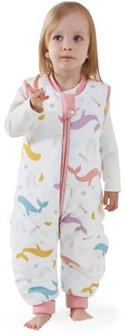 MIKAFEN Baby Schlafsack Winter mit Füßen 2.5 Tog 100% Baumwolle Kinder winterschlafsack für Jungen und Mädchen 80/Höhe85-95cm,Wal-Regenbogen