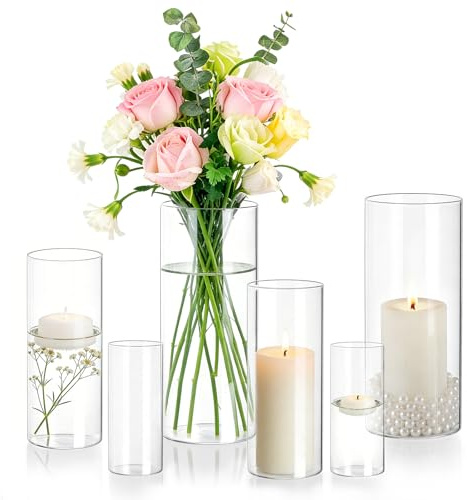 QEEYON Lot de 6 vases cylindriques en verre résistant à la chaleur pour bougies chauffe-plat, bougies flottantes pour mariage, salon
