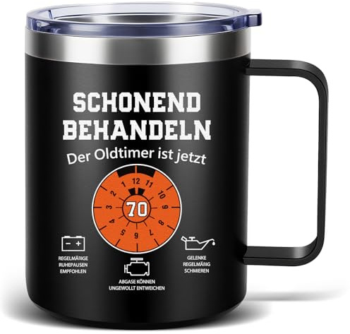 TUZELIYA Thermobecher 450ml Edelstahl 70 Geburtstag Geschenk Mann, Schonend Behandeln der Oldtimer ist Jetzt 70, Lustig Geburtstagsgeschenk für Männer Papa Kollege zum Geburtstag, Schwarz