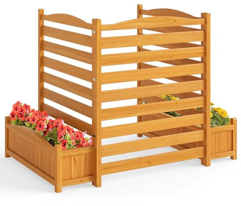 HOMASIS 2 Blumenkästen mit Gartenzaun, Holz Pflanzkasten mit Sichtschutz, Hochbeet mit Spalier & Abluflöchern, DIY modulare Pflanzkübel mit Gartenspalier für Garten Balkon Terrasse (3 Zäune)