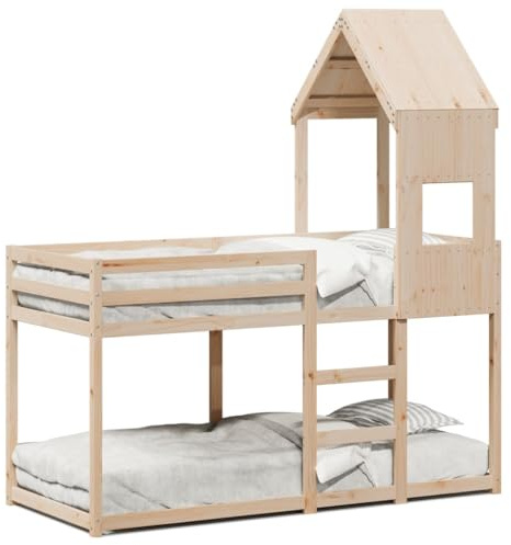 Mhdvray Etagenbett Kiefer massiv unbehandelt 90x190 cm mit Dach Spielbett Platzsparendes Gästebett Modernes Design Robust & Langlebig für Kinderzimmer Dachschrägen & kleine Räume