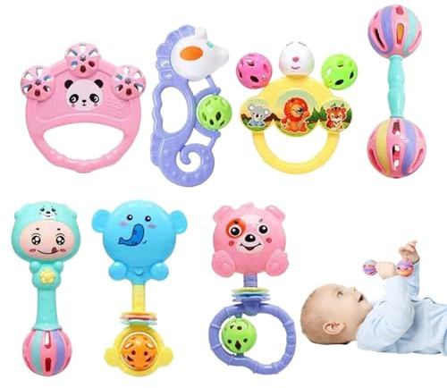 Rattles Sets Sensory Teething Rattles, Developmental Music Toy Set, Shaker | 7X Soothers Rattles Teethers Stroller Toys Cartoon Interactive Learning Stocking Stuffers for Boy Girl Kids