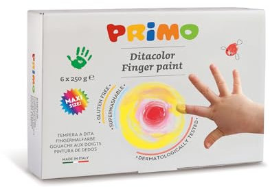 PRIMO - Fingerfarben Kinder Ungiftig (ab 2 Jahre) 250g, Gouache Farben Set (6 Farben) für Papier, Glasmalerei - Schreibwaren und Kreative Arbeiten, Malkoffer für Kinder, Malset Dermatologisch Getestet