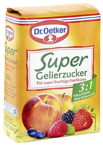 Dr. Oetker Gelierzucker Super 3:1, 500 g, fertiger Gelierzucker, zum Selbermachen von Konfitüren, Marmeladen und Gelees, für viel Fruchtigkeit & weniger Süße, vegan