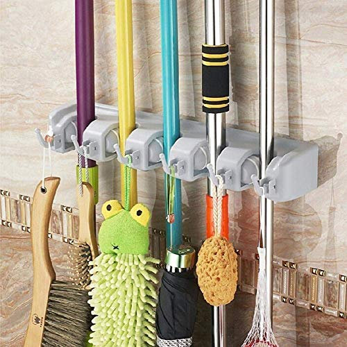 Gearmax® Mop et Balai Holder/Crochet Balai/Support de rangement/Holder Magique, 5 Positions avec 6 Crochets, Compact & Propre Design Mural Organiseur