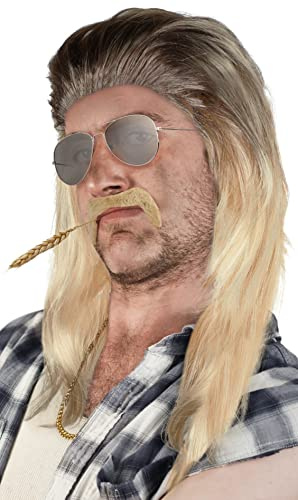 SET aus: Vokuila Perücke + Bart + Goldkette + Pilotenbrille Silber - Prollperücke Vokuhilaperücke Proll Blond Brünette Grau Schwarz 80er 90er Jahre (Blond/Schwarz + Bart + Goldkette + Pilotenbrille)