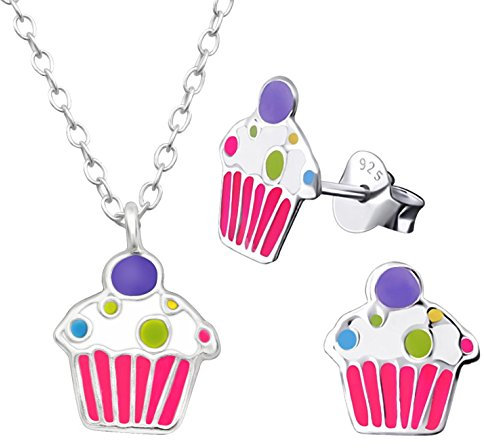JAYARE Kinder Schmuckset Muffin Cupcake 925 Sterling Silber rosa pink Mädchen Ohrstecker und Kette mit Anhänger
