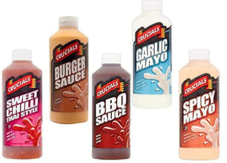 Crucials 5 Pack Sauces BBQ Sweet Chilli Spicy Mayo Garlic Burger 500ml x 5