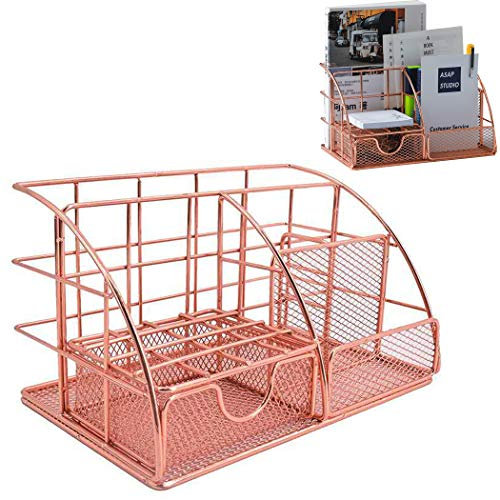 SIPLIV Boîte De Rangement Multifonctionnelle En Fer Forgé Porte-Stylo Conteneurs De Stylo Combinaison De Rangement De Bureau Serre-livres Tri-Petit Tiroir, Or Rose