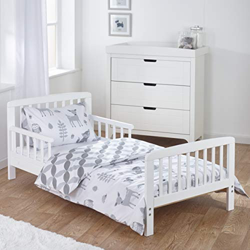 ELEGANT BABY Kinder Valley Complete 7 Piece Kids White Toddler Bed Bundle with Kinder Flow Mattress and Woodland Tales Reversible Bedding Set |Children's Bed