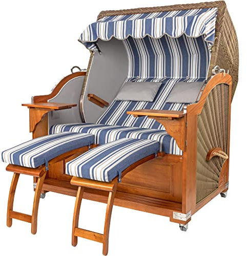 Strandkorbprofis Strandkorb Kampen Mahagoni, Geflecht Cappuccino, Stoff Ibiza blau