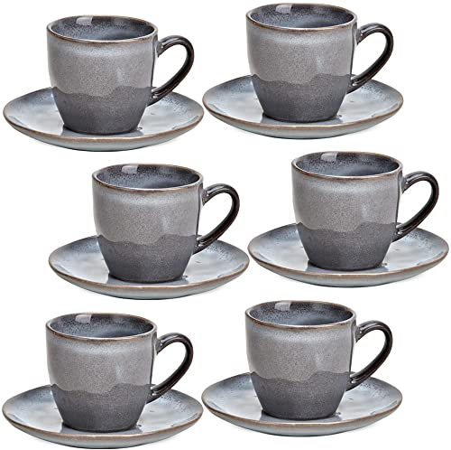 Modernes Kaffeetassen Service mit Untertasse 6er Set in grau – Außergewöhnliche Steingut Tassen in 170ml – Kleine Vintage Kaffeebecher mit Henkel und Unterteller als schönes Geschenk