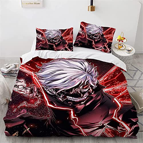 Tokyo Ghoul Kaneki Ken Anime Bettwäsche-Sets Cartoon 3D-gedrucktes Polyestergewebe 1 Bettbezug + 2 Kissenbezüge (keine Bettdecke)