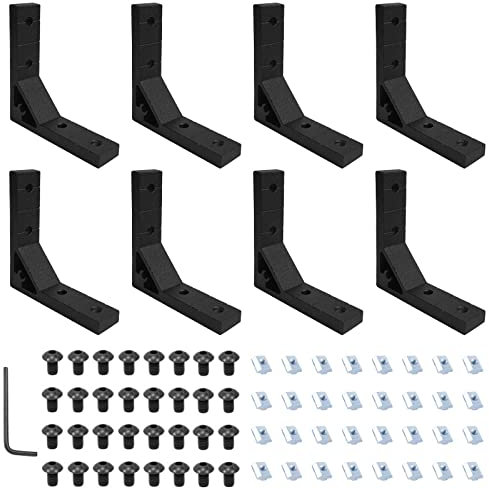 8Pcs 2020 Black Corner Brackets Set with 32Pcs M5 T Slot Nuts, 32Pcs M5x12mm Hex Socket Cap Screw and 1Pcs M3 Wrench for 2020 Series Aluminum Extrusion Profile