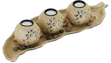 Relaxdays Teelichthalter Set mit Schale & Dekosteinen, 50 cm lang, Esszimmer, Wohnzimmer Tischdeko, Kerzenhalter, Gold