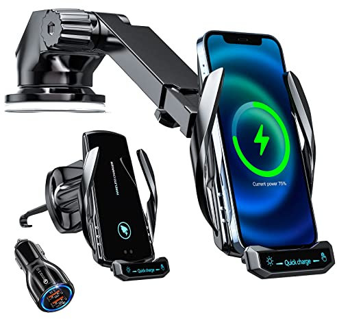 jnerkert Wireless Car Charger Mount 15W qi Smart Sensor Fast Charging Auto Clamping Automatic Sensing clamp Cell Phone Holder Air Vent for Apple iPhone Samsung Huawei Xiaomi LG etc (Black+QC3.0)