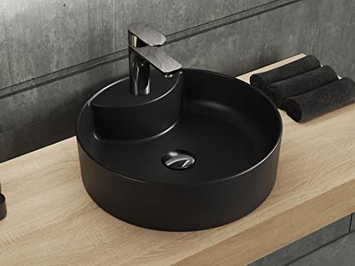 Aqua Bagno | Rundes Aufsatzwaschbecken mit Hahnloch schwarz matt, Keramikbecken, Handwaschbecken | 42 cm breit
