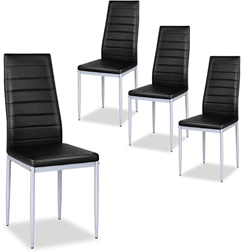 COSTWAY Set of 4/6 Dining Chairs, High Back Upholstered Kitchen Chair with Metal Legs and Foot Pads, Faux Leather Accent Chairs for Home Dining Room Office (Black+Grey, 4Pcs)