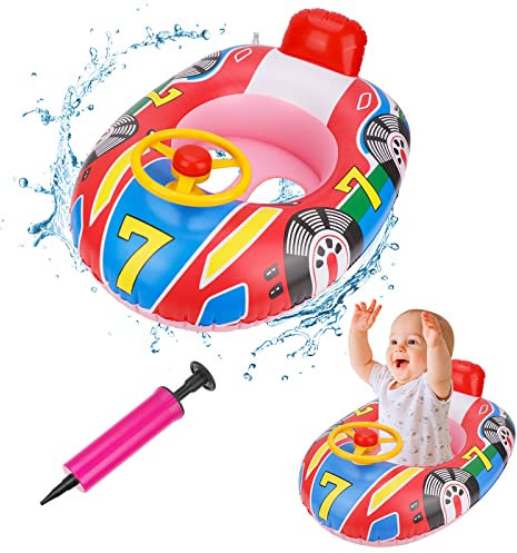 Pwsap Cartoon Baby Schwimmring,Rennbootes Float Aufblasbar Schwimmhilfe Ring,Doppelgriff und Inflator Schwimmsitz Schwimmtrainer Pool Auftriebshilfegerät für Kleinkinder ab 6 Monate bis 3 Jahre (Rosa)