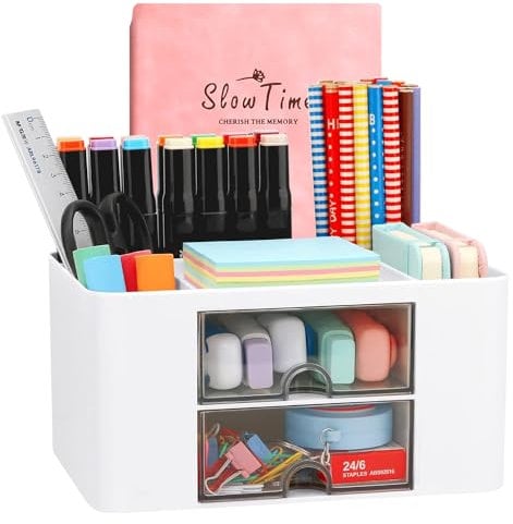 Wlevzzor Organizador de escritorio creativo y simple con 7 rejillas, organizador de mesa de plástico con cajón, portalápices multifuncional para la escuela, la oficina y el hogar (Blanco)