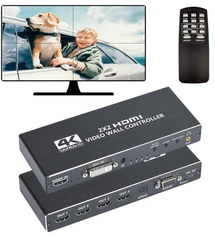 GGrozza Video-Wand-Controller, 4K 2x2 TV-Wandprozessor mit HDMI+DVI+RS232-Eingang, 180° Rotationsunterstützung, 4 HDMI-Ausgänge, unterstützt 1x2, 1x3, 1x4, 4x1, etc