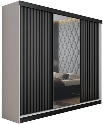 KIER FURNITURE Mehrzweckschrank Malani 200 Schiebetürenschrank - Eleganter Kleiderschrank Schrank Garderobe Spiegel - Wohnzimmerschrank Schiebetüren - Weiß + Graphit 200x205x59 cm