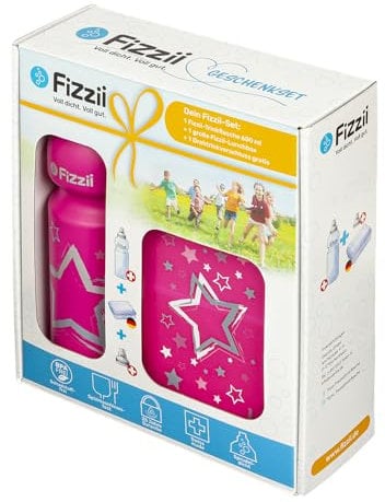 Fizzii Geschenkset Pausenset Sterne (Trinkflasche 600ml + Lunchbox + Ersatztrinkverschluss, im hochwertigen Geschenkkarton)
