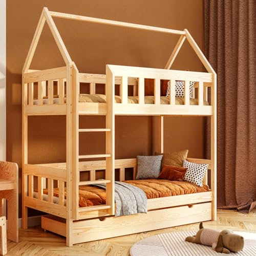 YOUKO Etagenbett Kinderbett 190x90 cm “Charlie” - Hausbett für 2 Kinder mit Leiter- Hochbett Kinder - Holzbett Kiefer Ohne Matratze