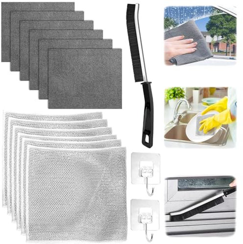 12 Stück Mehrzweck Reinigungstuch-Set,6 Stück Verdicktes Magisches Reinigungstuch und 6 Stück Mehrzweck Geschirrspüllappen aus Draht,Wiederverwendbar Reinigungstuch,Für Küche,Autos,Glas,Topf