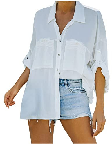 Work Tops for Women UK Women's Long Sleeve Tops Fall Puff Tunic Tops Pleated Crew Neck T-Shirts Casual Loose Blouses with Smocked Cuffs Summer Tank Tops for Women UK Tshirts (White, XL)