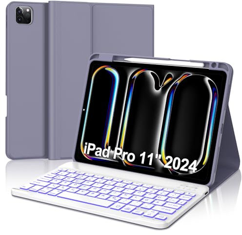 Occtingkind, Tastiera per iPad Pro 11 M4, Custodia con tastiera per iPad Pro 11 5. generazione 2024, Cover con Magnetica Staccabile Retroilluminata Bluetooth Keyboard, Italiano Layout, USB C, Viola